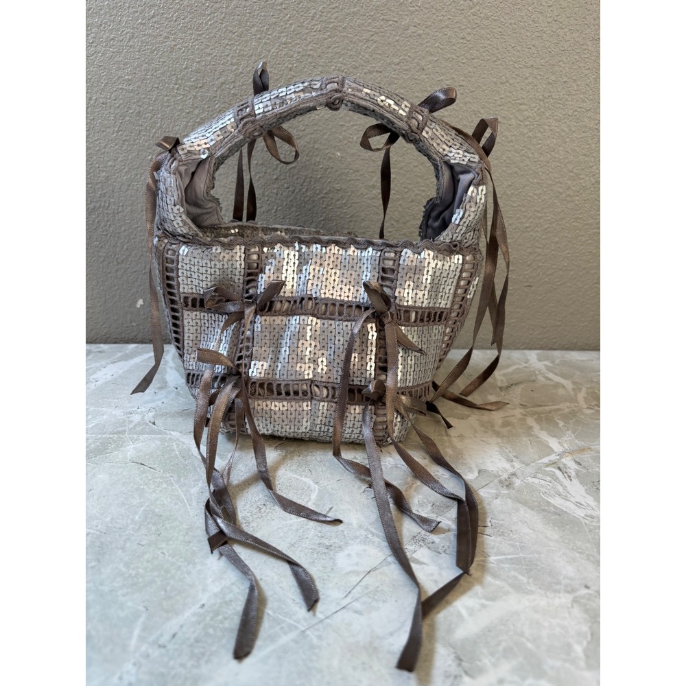 Anthropologie Bow Tassel Mini Tote Silver Sequin Bag Satin Bows Crochet Gray